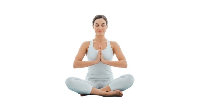 A woman in white outfit is meditating in lotus position on black background video 4k - Powered by Adobe