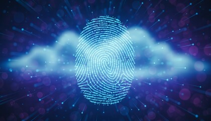 Fingerprint scan on a deep blue background with abstract particles and light trails, representing biometric identification, digital security, privacy, and personal data protection