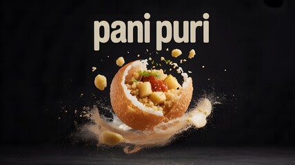 Pani Puri Explosion Concept Creative Poster Style Delicious Pani Puri with Filling and Sauce on Black Background -