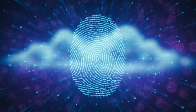 Fingerprint scan on a deep blue background with abstract particles and light trails, representing biometric identification, digital security, privacy, and personal data protection