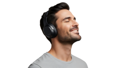 Man wearing black headphones smiling against a black background shot video 4k