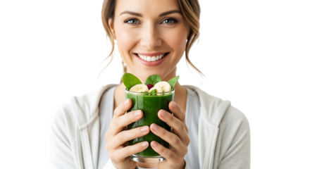 Woman smiling while holding a green smoothie with banana slices and leaves video 4k
