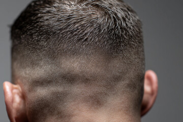 Naklejka premium Close-up view of a fresh fade haircut showcasing a smooth texture and precise styling techniques in a modern grooming setting