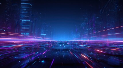 Digital cityscape with neon lights showcasing futuristic technology and movement through a vibrant urban environment