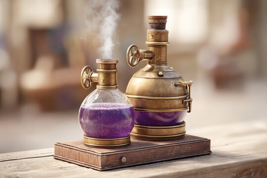 photorealistic tabletop still life of a vintage brass alembic with round-bottom flasks filled with amethyst elixir