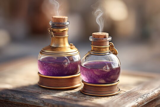 photorealistic tabletop still life of a vintage brass alembic with round-bottom flasks filled with amethyst elixir