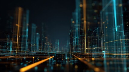 Digital landscape showcasing vibrant neon lines and geometric structures in a futuristic environment at night