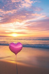 Fototapeta premium A pink heart-shaped balloon floats on a beach at sunset with golden light reflecting off the tranquil sea and sky, creating a romantic atmosphere