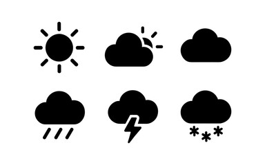 Obraz premium Minimalist weather icons: sun, cloud, rain, thunder, snow designs