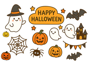 Cute Halloween illustration with smiling ghosts, pumpkins, bats, spider webs, and a haunted house. Perfect for party invites and festive designs., 