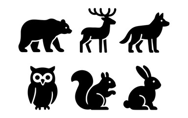 Fototapeta premium Silhouette wildlife icons: bear, deer, wolf, owl, squirrel, rabbit