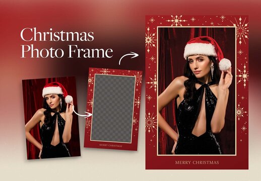 Christmas Photo Frame Flyer Template with Red Background & Elegant Ornate Snowflakes