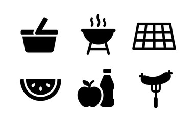 Silhouette icons of picnic essentials: basket, grill, drinks, and food
