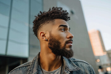 Modern urban style with taper fade haircut showcases a fresh look for the modern gentleman in a city setting