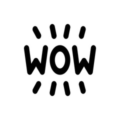 Illustration of the word wow in bold black font with exclamation marks above and below the word wow text