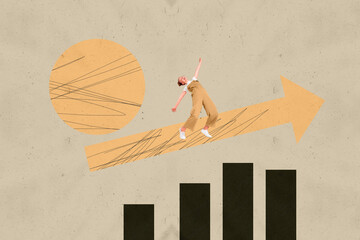 Collage with person observing rising arrow symbolizing startup growth business income statistics...