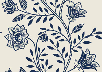 Vintage floral ethnic tapestry modern embroidery texture boho design vector illustration hand drawn silhouette indigo blue flower motif branches leaves wallpaper seamless background border.icon
