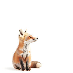 Obraz premium Red fox sitting sideways, showcasing its beautiful fur and attentive expression against white background
