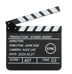 Black Film Production Clapboard with White Sync Symbol and Studio Shoot Details