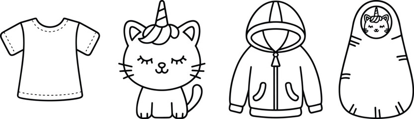 Unicorn cat character, hoodie, T-shirt and swaddled baby vector set, fantasy fashion sketch for kids, CAD drawing flat vector illustration