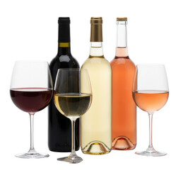 Assortment Of Wine Bottles And Glasses With Red White And Rose Wine