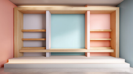 Fototapeta premium Modern wooden shelf with pastel blue, pink, and gray wall panels, clean eco friendly design, minimalistic style, and soft lighting for calm and inviting interior space