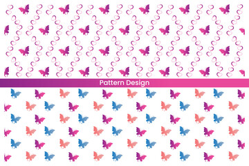 Seamless pattern of colorful butterflies and decorative swirls on a white background