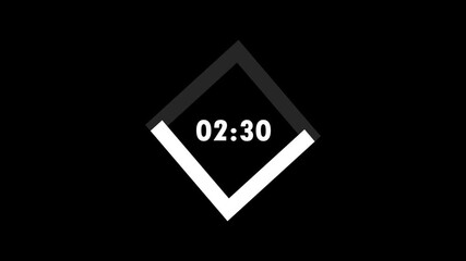 a digital clock face or timer with the time 05.00 to  0.00 minimalist design with a black background and white numbers. The clock face is contained within a rhombus-shaped frame, which appears to be a - Powered by Adobe