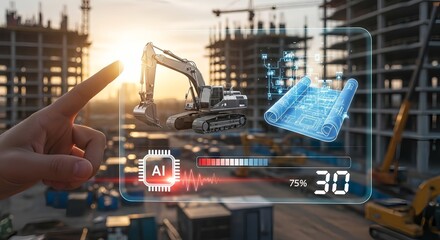 Augmented reality interface showing excavator and blueprint at construction site view