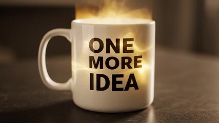 An illuminated coffee mug with 'ONE MORE IDEA' written on it radiates creative inspiration.