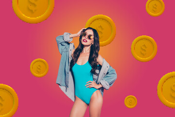 Poster trend collage image of happy girl millionaire stand dollar coin income success capital profit finance transaction