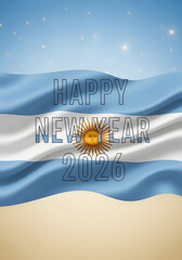Happy new year 2026 greeting card with argentina flag and sun of may
