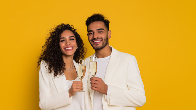Young diverse couple making a champagne toast in white festive formal attire celebrating new year's eve or an anniversary with an enthusiastic smile on a yellow studio background. 