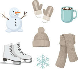 A flat vector illustration of a Christmas icon set featuring a snowman, ice skates, hat, scarf, mittens, and mug on a white background.