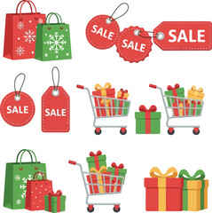 A flat vector illustration of a Christmas icon set featuring gift bags, sale tags, and shopping carts filled with presents on a white background.