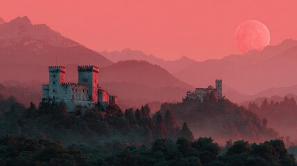 Majestic castle landscape under a vibrant sunset with a large moon in the background