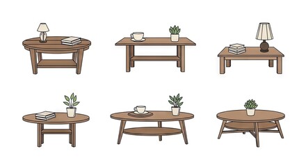 Pixelated Illustration of Various Wooden Tables Each with Different Decor and Plants Against White Background