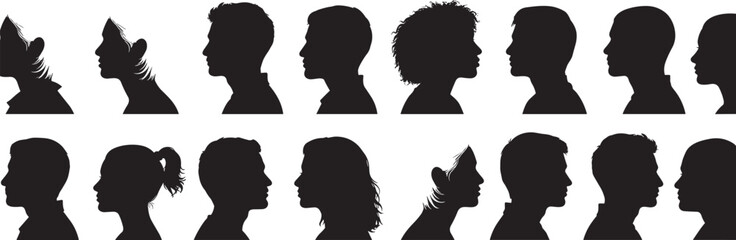 Silhouettes of diverse human head profiles, black illustration, hairstyle variety, facial shapes, character design, identity concept, side view, minimal style