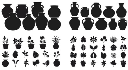 Silhouettes of ancient pottery and botanical elements displayed in dark tones