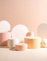 Abstract composition of cylinders and circles against a soft background