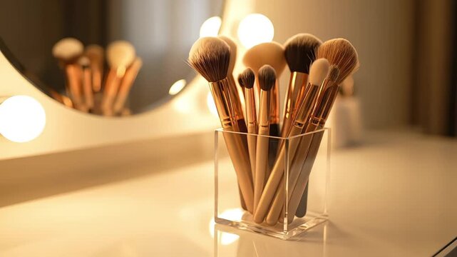 Professional makeup brushes in a clear holder on a vanity table with warm lights
