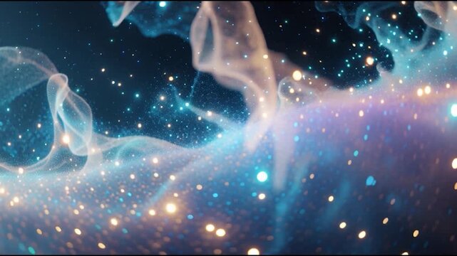 Abstract depiction of space with glowing dots and nebulas