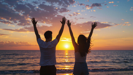 Happy couple celebrating joyfully on a beach with arms raised during a beautiful ocean sunset.