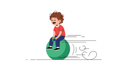 A joyful cartoon boy with curly brown hair rides a green hopper ball with motion lines indicating speed.