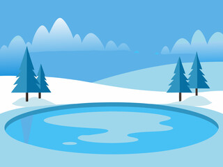 Winter landscape with frozen lake and pine trees under a cloudy blue sky day