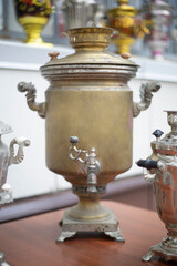 The samovar is authentic. An antique Russian samovar. The practice of tea ceremonies.