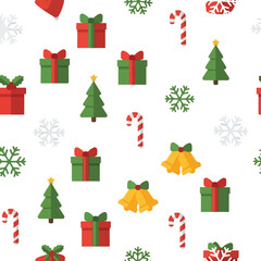 A flat vector illustration of a Christmas icon set featuring presents, trees, candy canes, snowflakes, and bells on a white background.