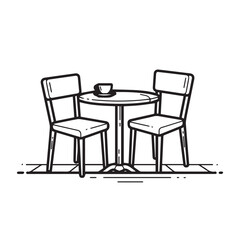 A simple line drawing of a cafe table with two chairs and a coffee cup, perfect for illustrating casual dining or outdoor seating arrangements