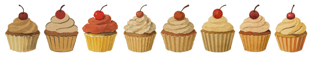 PNG Colorful cupcakes with cherries, element set on transparent background
