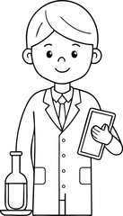 Smiling scientist holding tablet illustration for creative lab research and innovation theme
